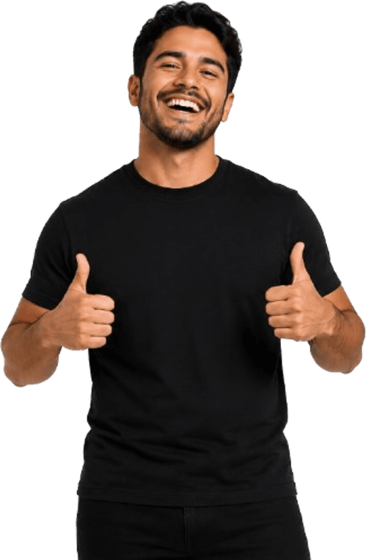 Model giving a thumbs up in a Test of Time tee